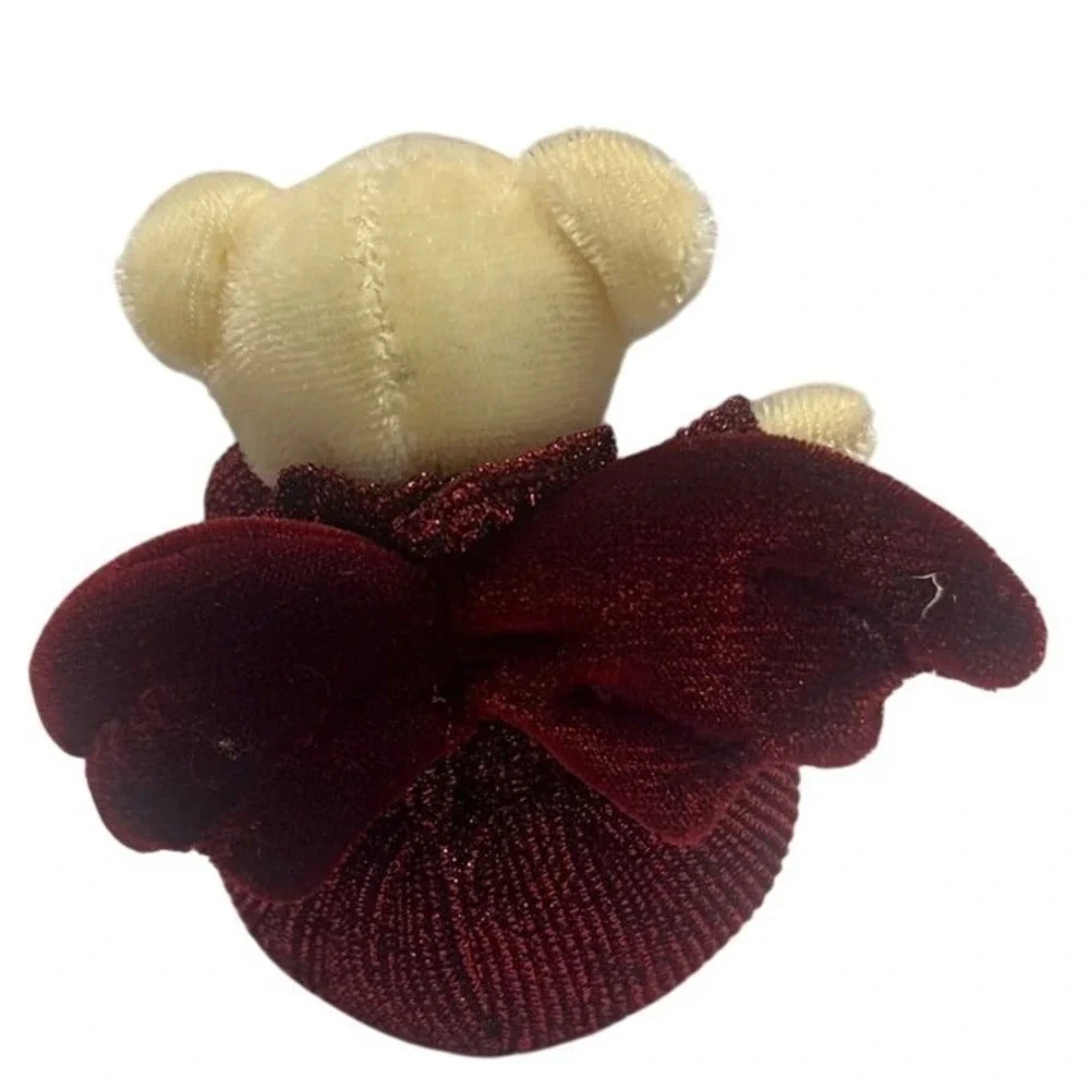 VTG Russ Small Angel Bear Christmas Ornament‎ Burgundy Dress & Wings